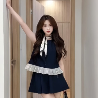 Set bộ nữ Hidroshop68 áo sát nách phối viền bèo chất cotton kaki mềm kèm chân váy xoè dáng chữ A