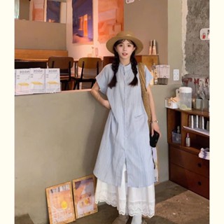 [Sẵn + Hỏa tốc] Naii.order | Set đầm Sơ Mi Nữ Sọc Xanh Dáng A+ Váy Dài Trắng, Tay Ngắn, Form Rộng, Thiết Kế Layer - N256