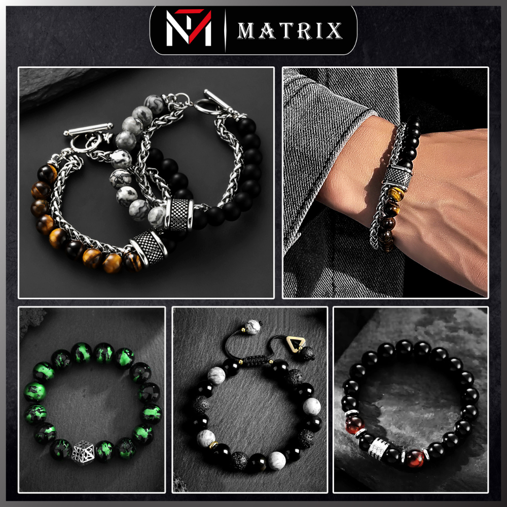Vòng Tay Charm Phong Thủy Unisex - Lắc Tay Chuỗi Tròn Đá Tự Nhiên Đủ Màu - Vòng Đeo Tay Titan Phong Thủy Đa Sắc Matrix