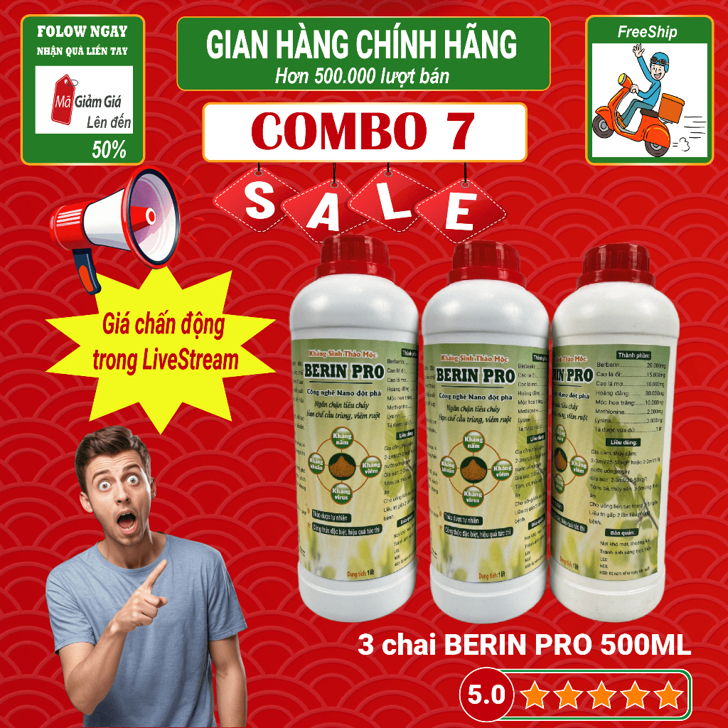 [Mua 2 tặng 1] Combo 3 chai Berin Pro 500ml KS thảo dược - Berberin - Ngăn ngừa các bệnh tiêu hóa tr