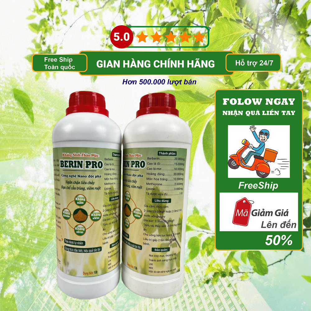 Berin Pro 500ml - KS tự nhiên - Berberin thảo dược - Xử lý các bệnh đường tiêu hóa ở vật nuôi