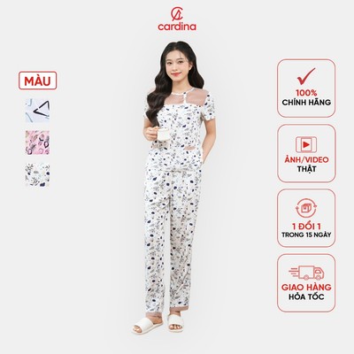 Bộ đồ mặc nhà nữ CARDINA tay ngắn chất lanh phối ngực họa tiết 5BLD03