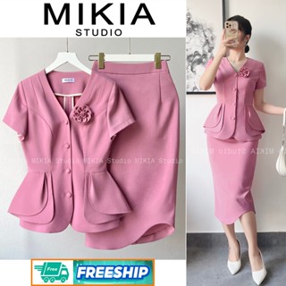 Set công sở nữ áo peplum mầu hồng đỗ[KÈM HOA CÀI] MIKIA STUDIO MK171 áo kiểu sang trọng, áo ký giả nữ, áo thiết kế ôm eo