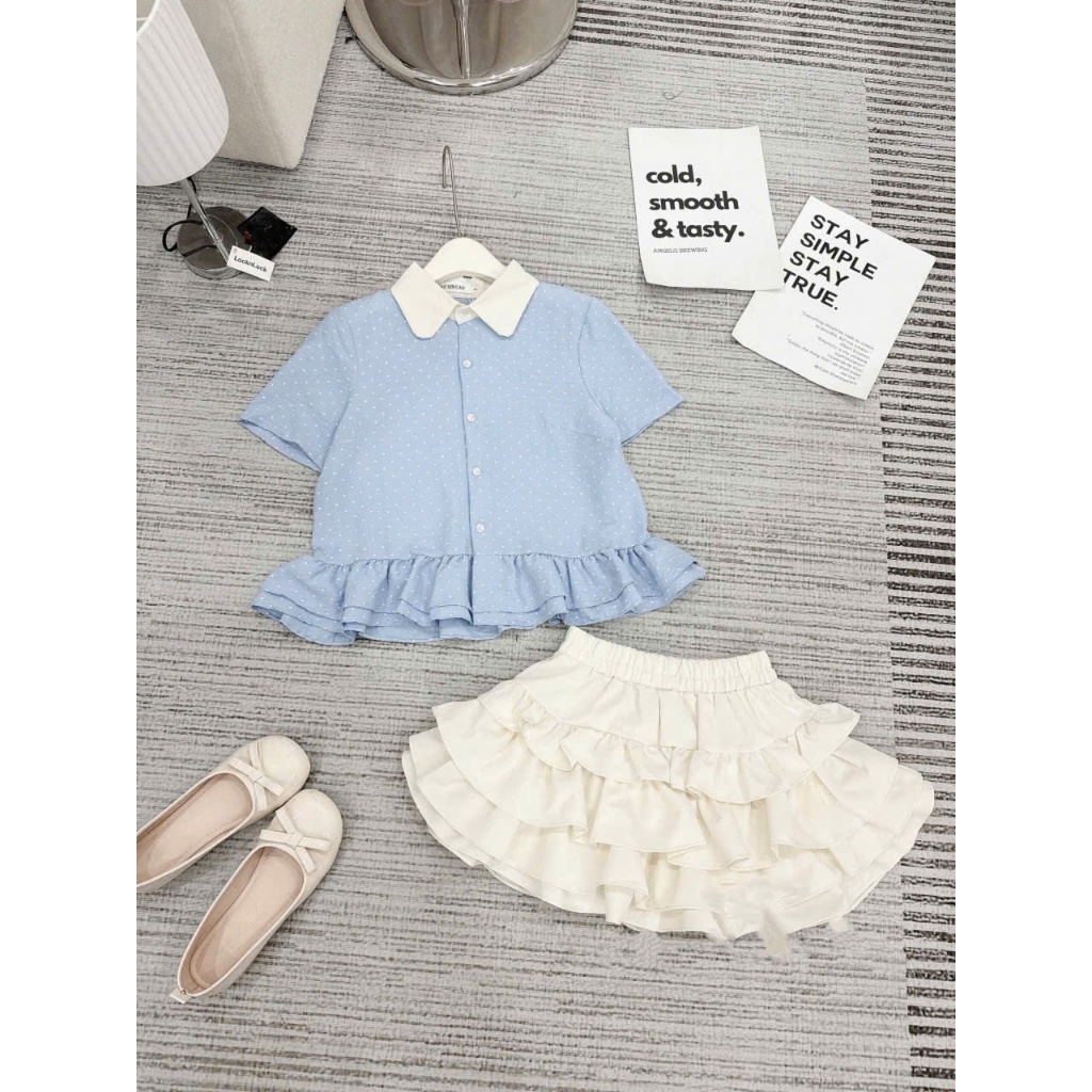 [Hàng Shop]: Set Áo Đũi Chấm Bi 2 Màu Cổ Sen Phối Bèo Mix Chân Váy Tầng Cạp Chun Dễ Thương (Ảnh Thật Trải Sàn) Lollaye | BigBuy360 - bigbuy360.vn