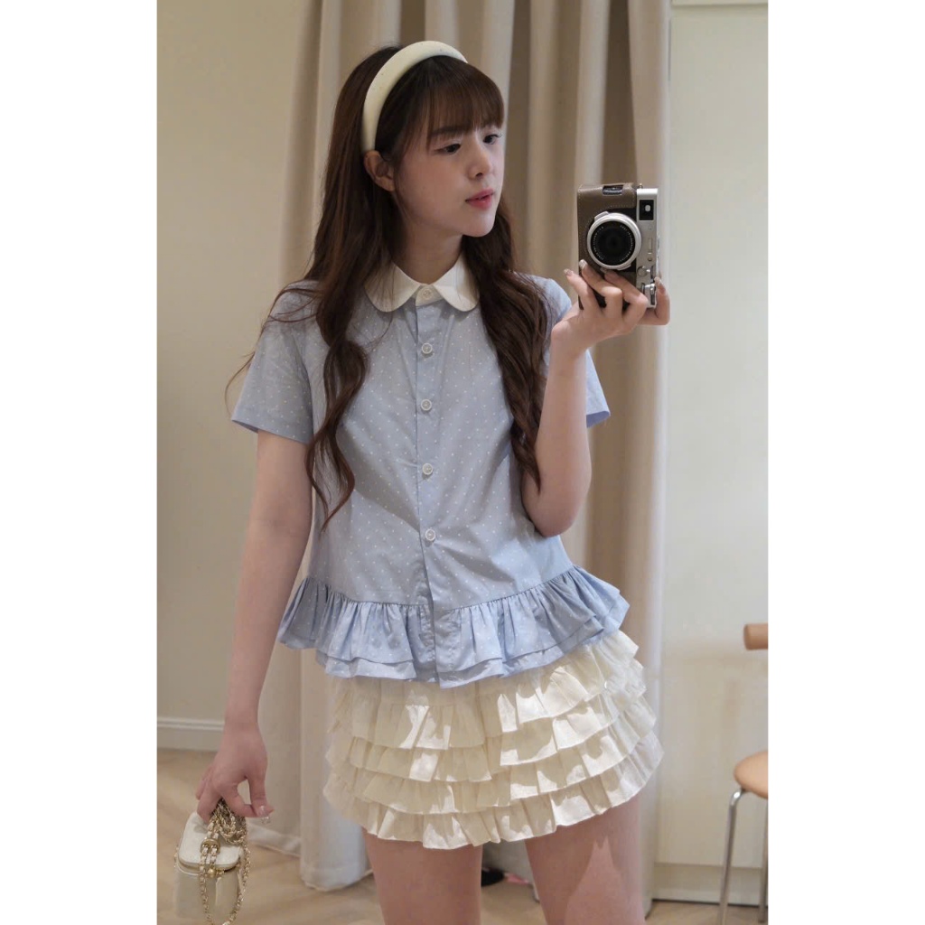 [Hàng Shop]: Set Áo Đũi Chấm Bi 2 Màu Cổ Sen Phối Bèo Mix Chân Váy Tầng Cạp Chun Dễ Thương (Ảnh Thật Trải Sàn) Lollaye | BigBuy360 - bigbuy360.vn