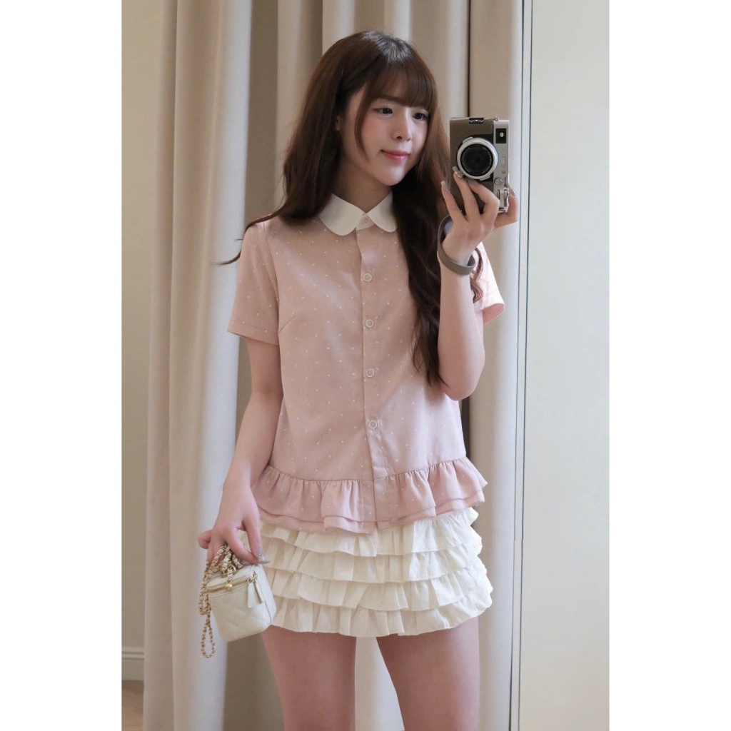 [Hàng Shop]: Set Áo Đũi Chấm Bi 2 Màu Cổ Sen Phối Bèo Mix Chân Váy Tầng Cạp Chun Dễ Thương (Ảnh Thật Trải Sàn) Lollaye | BigBuy360 - bigbuy360.vn