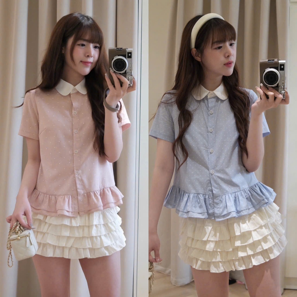 [Hàng Shop]: Set Áo Đũi Chấm Bi 2 Màu Cổ Sen Phối Bèo Mix Chân Váy Tầng Cạp Chun Dễ Thương (Ảnh Thật Trải Sàn) Lollaye | BigBuy360 - bigbuy360.vn