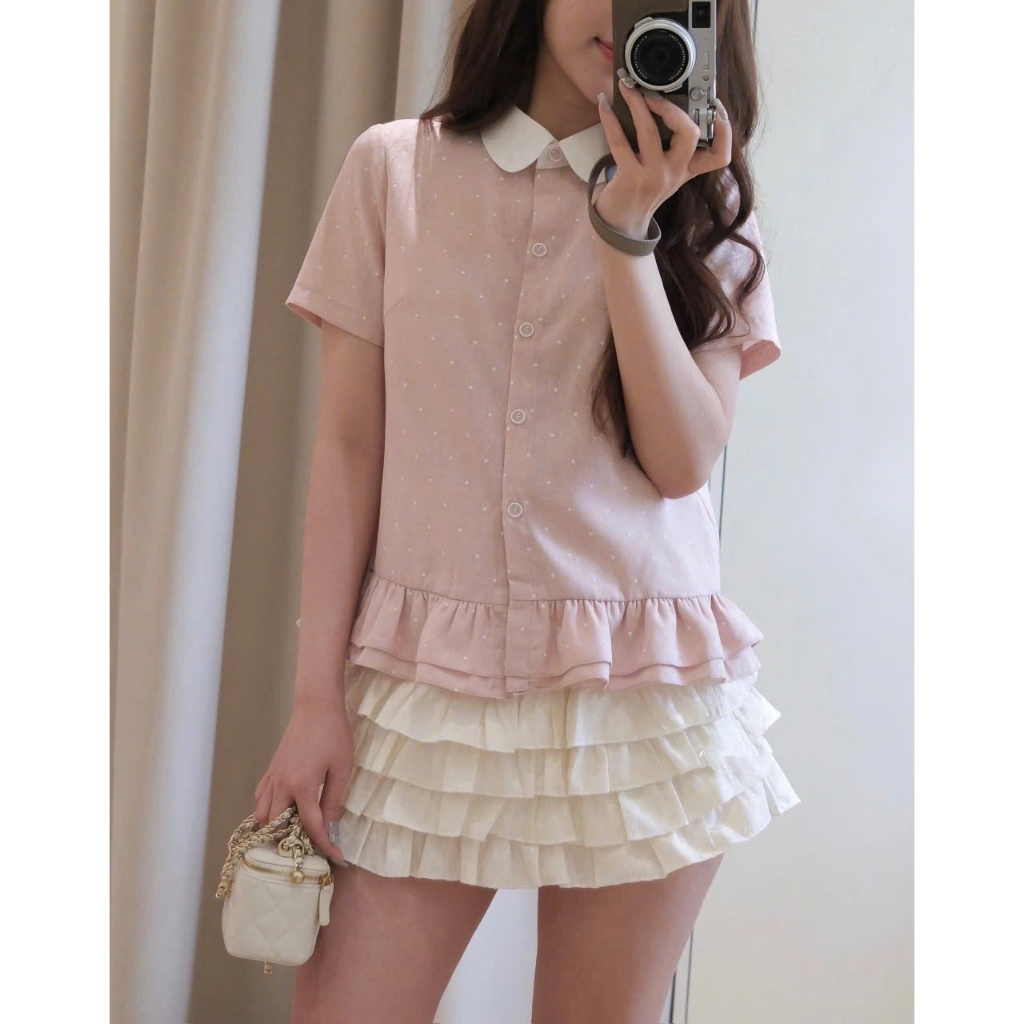 [Hàng Shop]: Set Áo Đũi Chấm Bi 2 Màu Cổ Sen Phối Bèo Mix Chân Váy Tầng Cạp Chun Dễ Thương (Ảnh Thật Trải Sàn) Lollaye | BigBuy360 - bigbuy360.vn