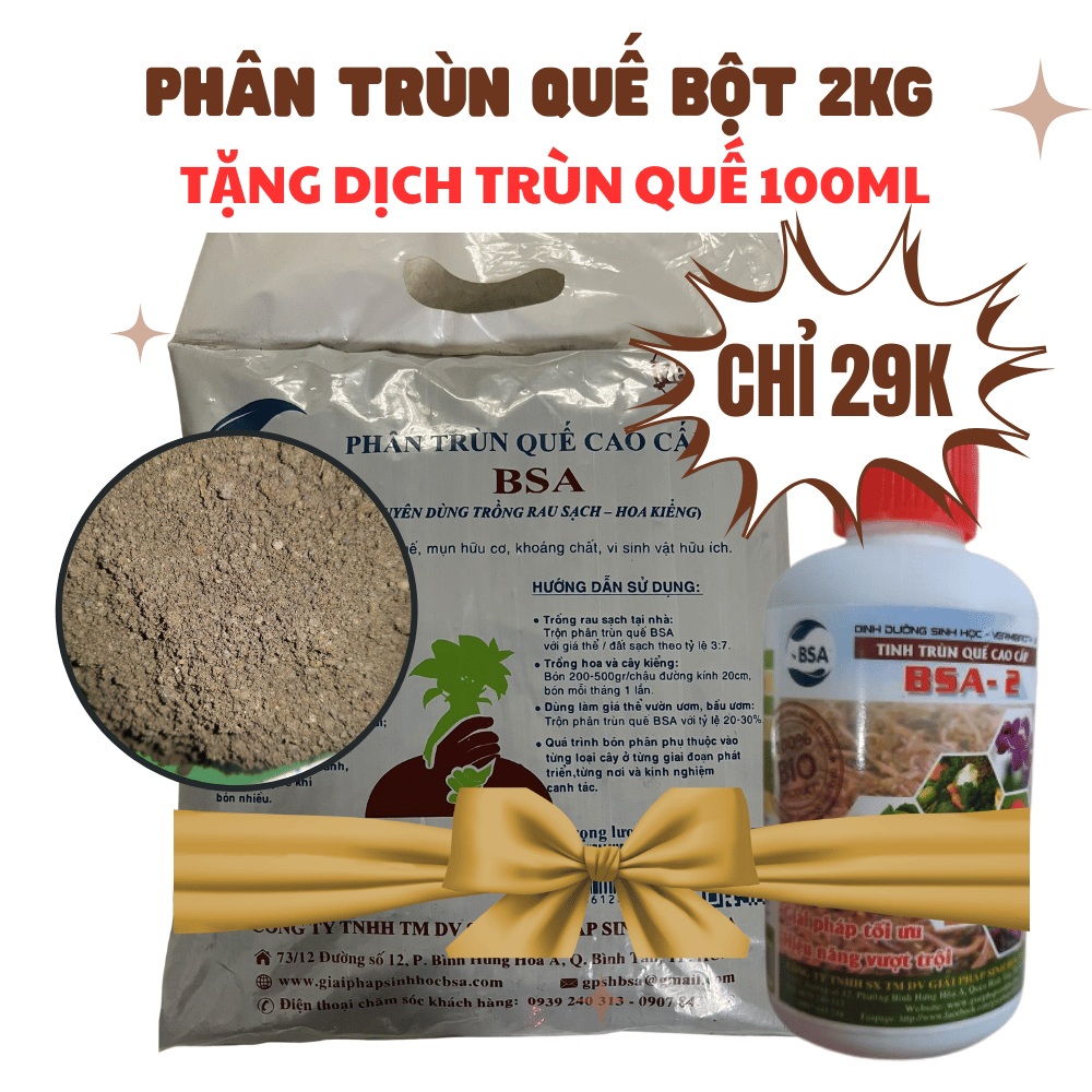 PHÂN TRÙN QUẾ BSA TÚI 2KG DẠNG BỘT TẶNG KÈM DỊCH TRÙN QUẾ BSA-2 100ML