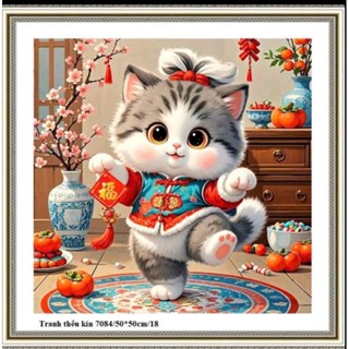  Tranh thêu chữ thập MÈO THẦN TÀI 7084-50x50cm  thêu kín  