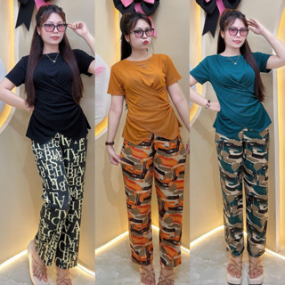 Sét Bộ phối màu quần suông áo xoắn eo mặc siêu hách dáng, thiết kế cổ tim tay nhí trẻ trung cho chị em chuppy