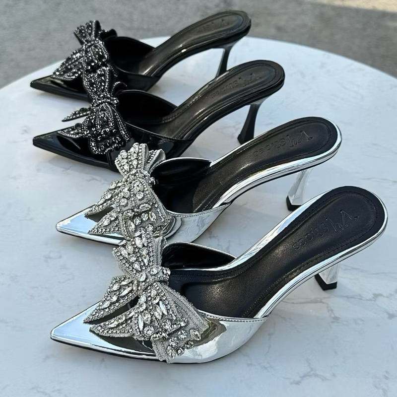 Dép cao gót nữ 7cm, dép cao gót nữ mũi nhọn đính NƠ ĐÁ XINH dễ đi Phương Thảo Store mã H179 NƠ