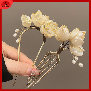  Cài tóc kẹp tóc phối hoa mộc lan trắng cổ điển chất liệu cao cấp phong cách Hanfu Trung Hoa 