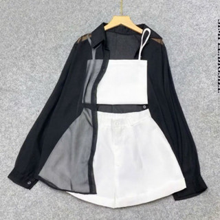  Set đồ nữ big size 3 món gồm áo sơ mi voan lụa cát dài tay kết hợp áo 2 dây croptop và quần đùi basic dễ mặc 