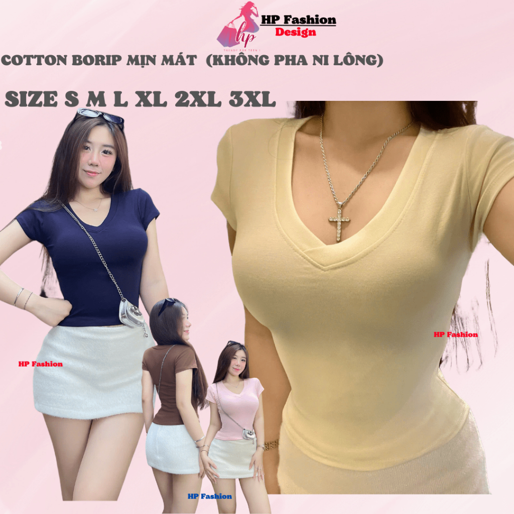 Áo thun cổ tim nữ chiết eo basic, áo phông nữ ôm body cộc ngắn tay vải cao cấp co giãn 4 chều thoáng mát bigsize hp38 | BigBuy360 - bigbuy360.vn