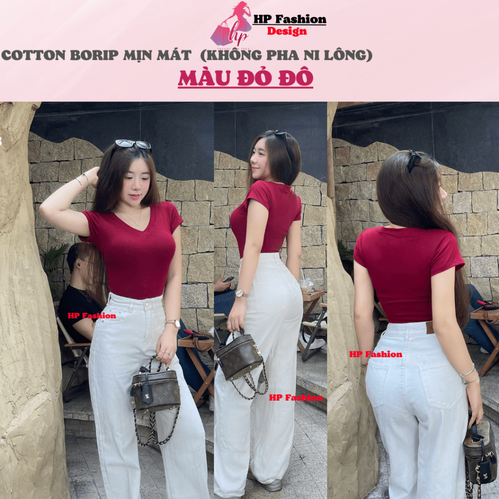 Áo thun cổ tim nữ chiết eo basic, áo phông nữ ôm body cộc ngắn tay vải cao cấp co giãn 4 chều thoáng mát bigsize hp38 | BigBuy360 - bigbuy360.vn