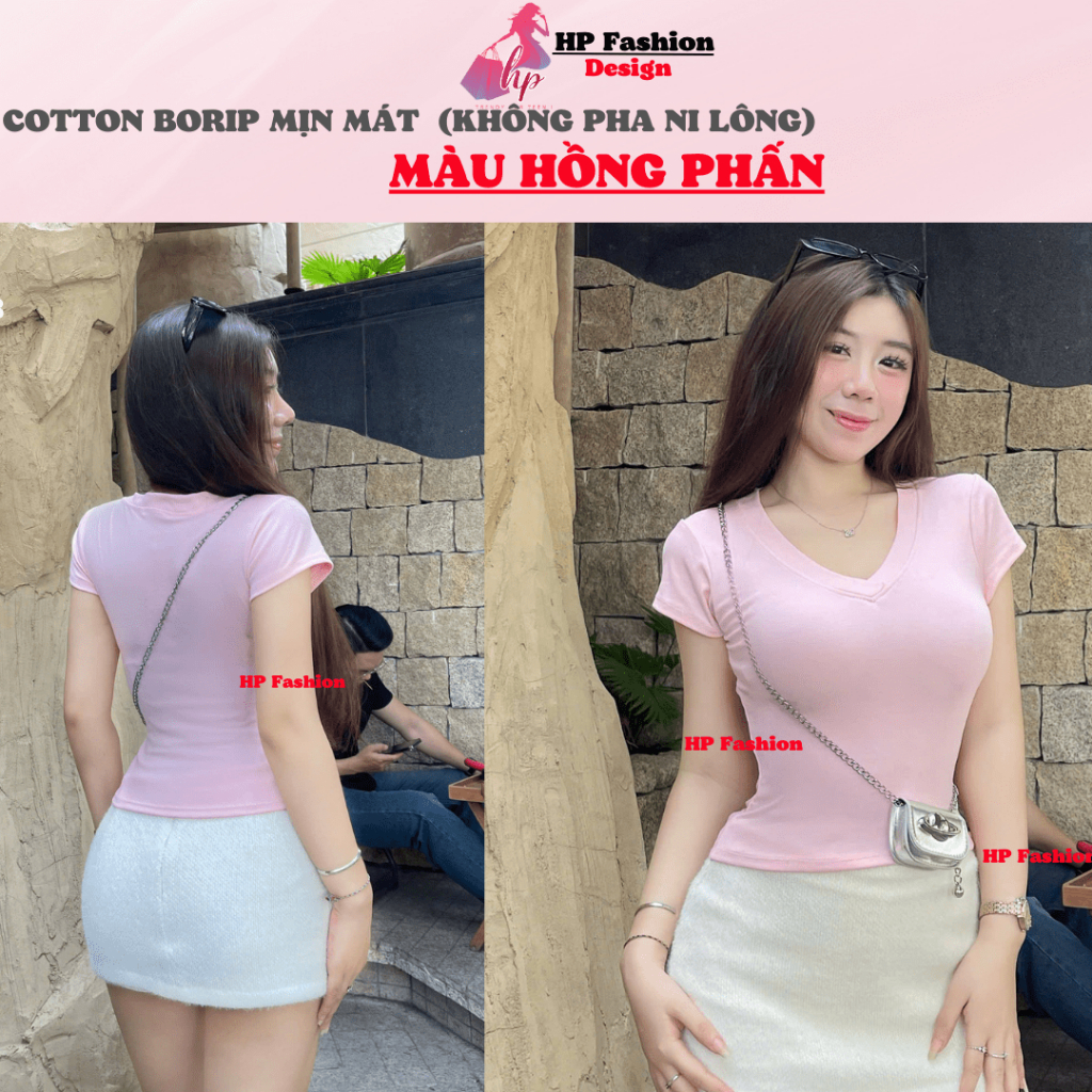 Áo thun cổ tim nữ chiết eo basic, áo phông nữ ôm body cộc ngắn tay vải cao cấp co giãn 4 chều thoáng mát bigsize hp38 | BigBuy360 - bigbuy360.vn