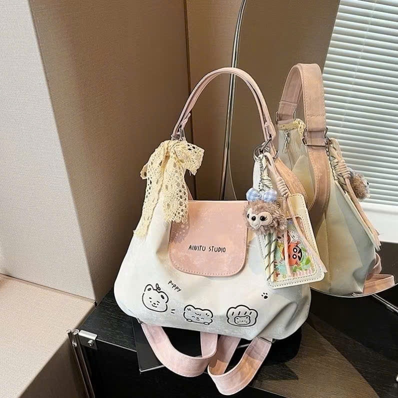 Túi xách Tote nữ họa tiết gấu dễ thương thiết kế nơ buộc trẻ trung phong cách Hàn Quốc, Balo nhung phối màu DK083