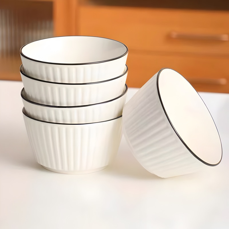 Chén Sứ Sọc Nổi Viền Đen – Bát Ăn Cơm Đẹp, Tối Giản. BA-C