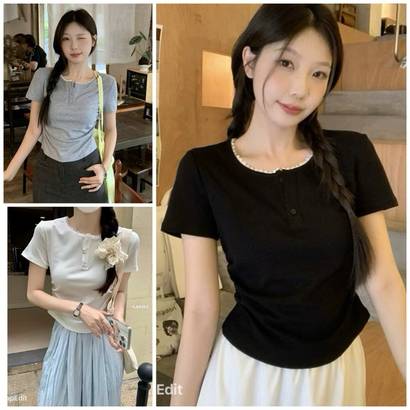 Áo thun cộc tay phối cúc cổ ren , áo babytee  cổ tròn cách điệu phong cách nhẹ nhàng