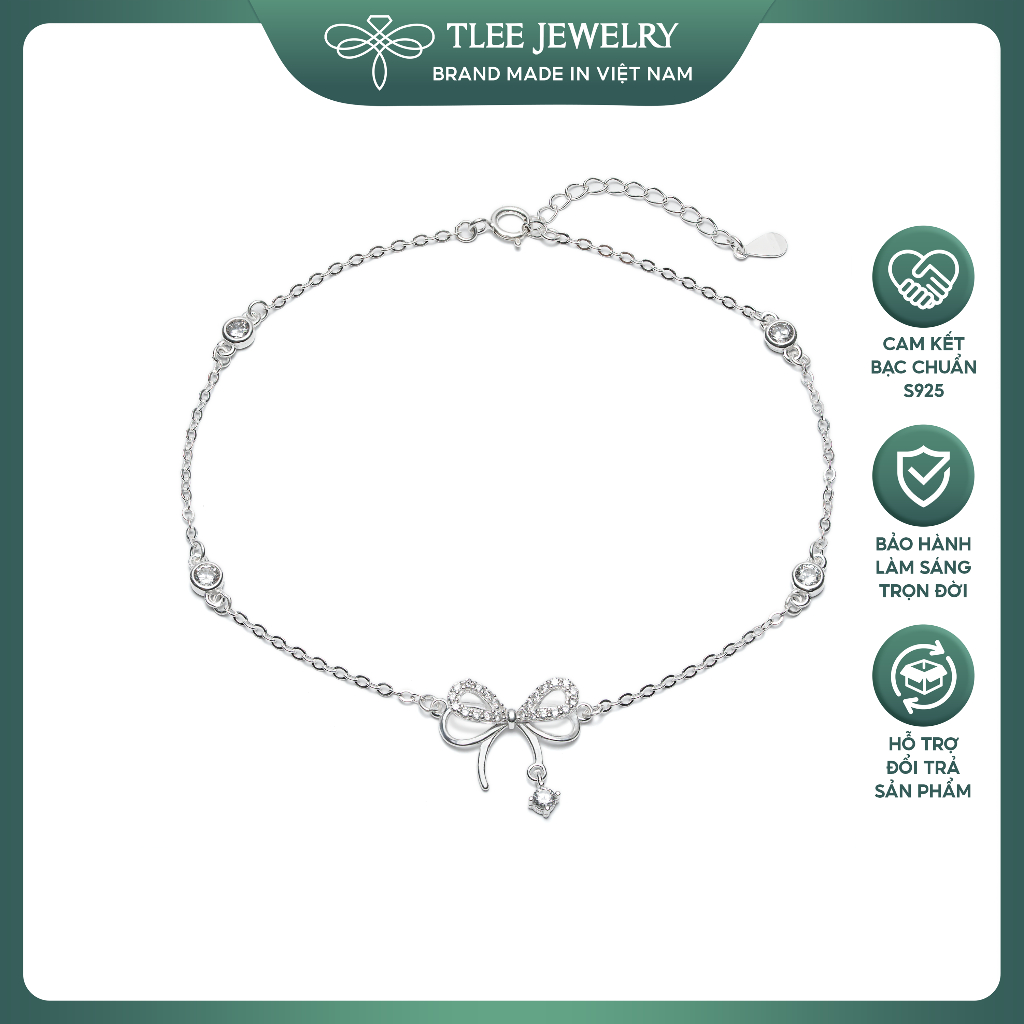 Lắc chân bạc nữ TLEE, vòng chân nơ treo hạt đá nhẩy lấp lánh TLEE JEWELRY LC0133