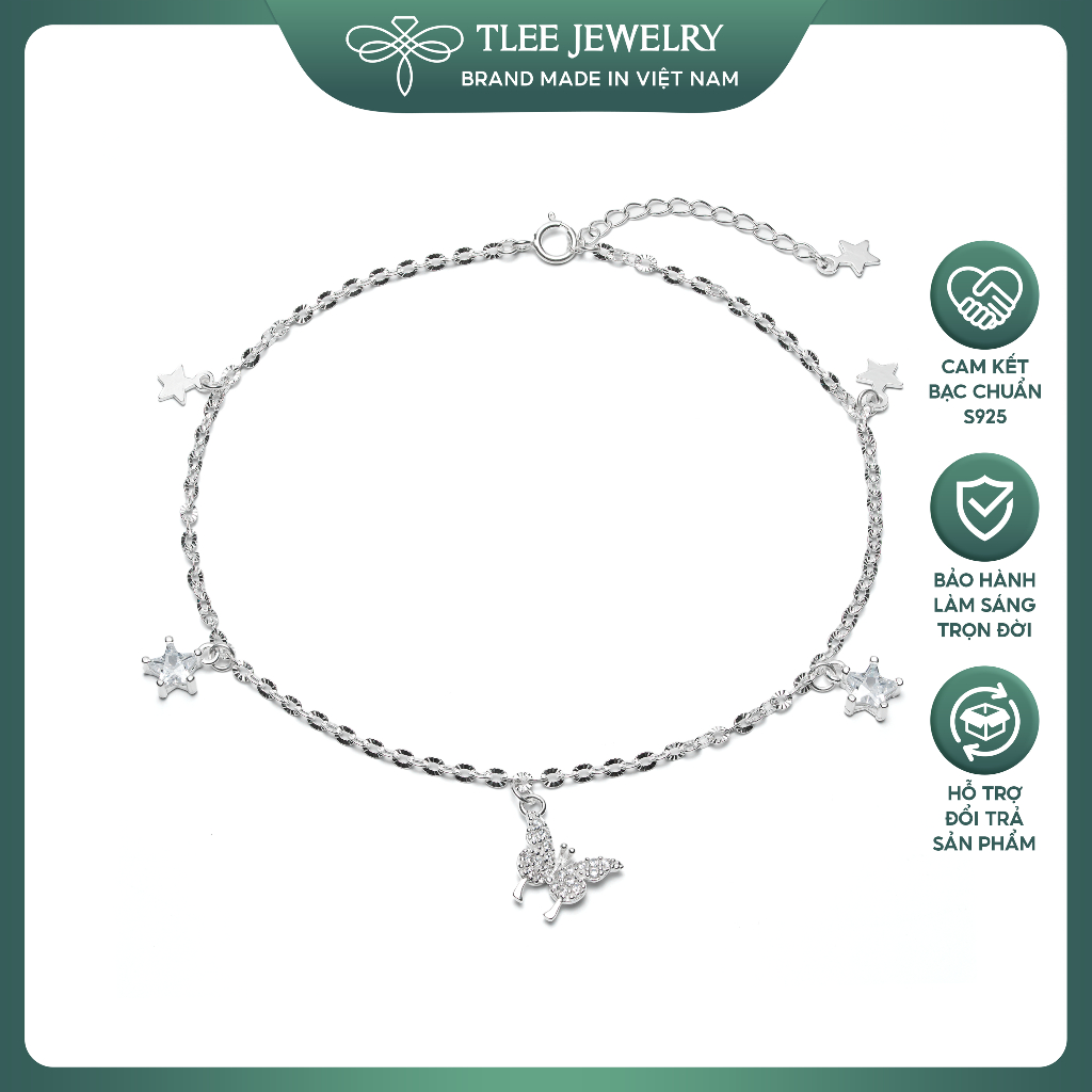 Lắc chân bạc nữ TLEE dây hoa treo charm hồ điệp ánh sao lấp lánh nữ tính TLEE JEWELRY LC0136