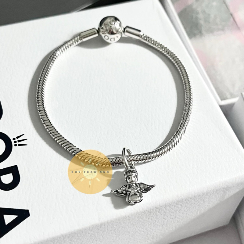 CHÍNH HÃNG - SET PANDORA Round Clasp Bracelet & Sparkling Angel Dangle Charm (Sterling Silver, Zirco
