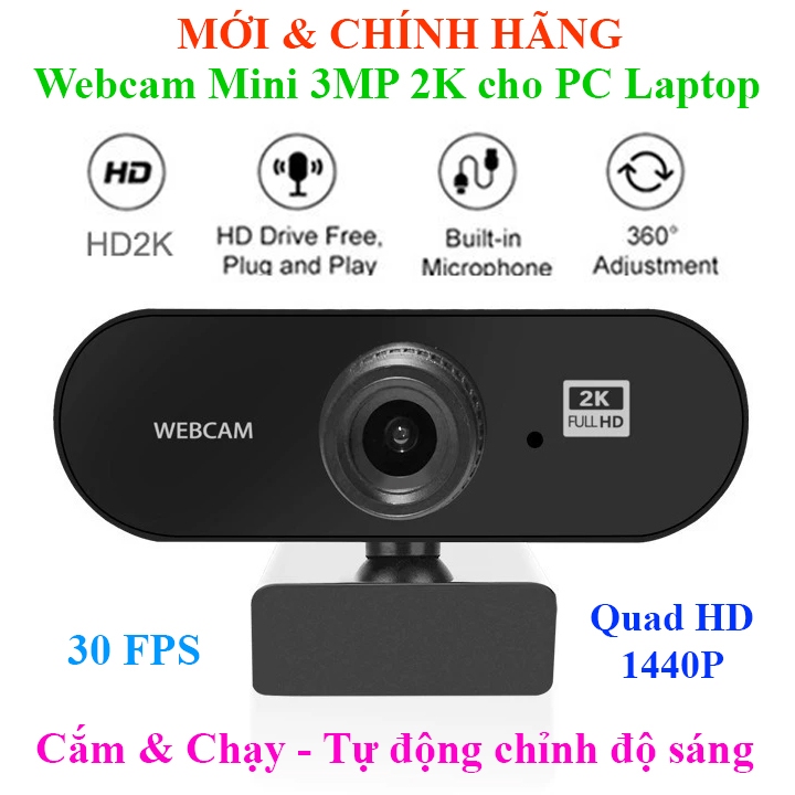 Webcam mini Máy tính 2K Livestream có Mic cho PC, Laptop, Độ Phân Giải Quad HD 1440P Camera Trợ Sáng