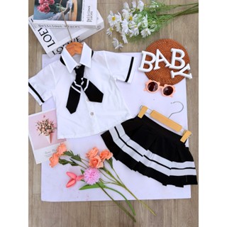 (CV41) sét áo sơ mi cà vạt sọc  + chân váy chạy sọc dễ thương vải lụa mềm mát