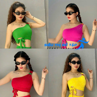  Áo Lệch Vai Phối Dây Thắt Nơ Xinh Xắn Thích Hợp Đi Tập Gym Yoga Erobic 