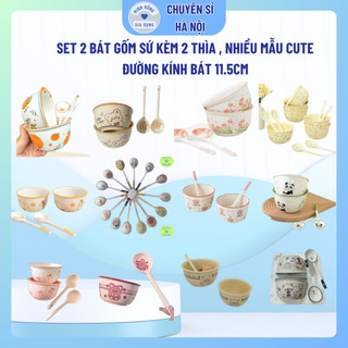  Set 2 Bát Ăn Cơm Bằng Sứ Hình Con Bò Sữa Cute - Chén Ăn Cơm Ngon Miệng Cho Bé Hoạt Hình Dễ Thương Kèm 2 Thìa 