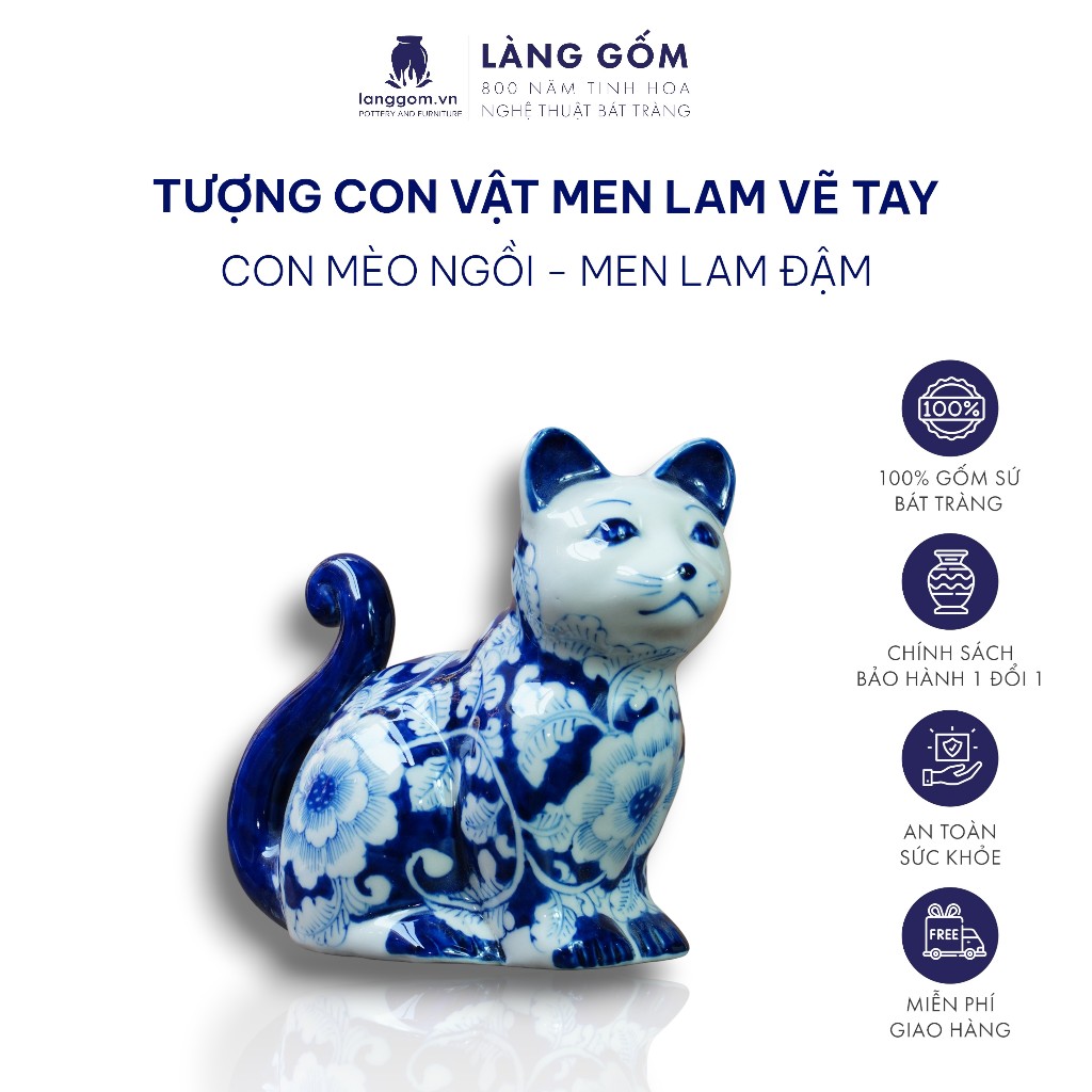Tượng con vật gốm sứ - Tượng hình con mèo vẽ tay -  gốm sứ Bát Tràng xuất khẩu - Làng Gốm