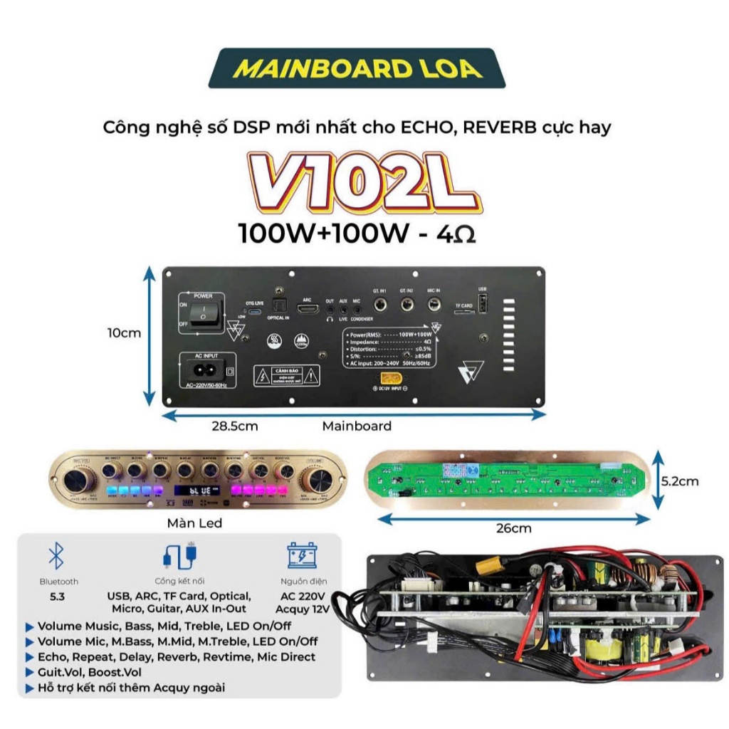 MẠCH LOA KÉO XÁCH TAY V102L - 200W - 2 KÊNH LẮP LOA KÉO XÁCH TAY