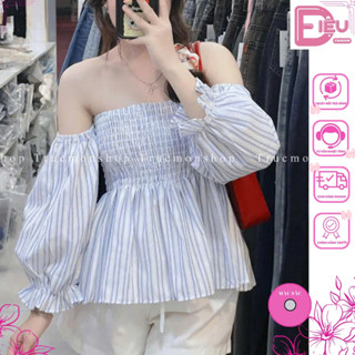 Áo BabyDoll Nữ Trễ Vai Tay Phồng Nhún Ngực Điệu Fashion, Áo Kiểu Nữ Màu Xanh Sọc Trễ Vai Phong Cách Nữ Tính Tiểu Thư