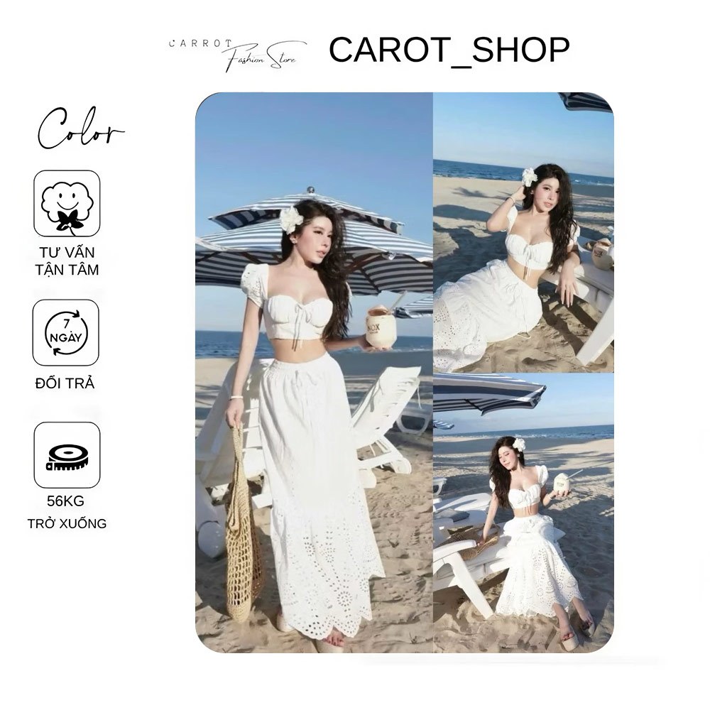 VN15( có bigsize) Set áo croptop ÔM BODY cổ vuông + váy maxi đi biển dáng dài thêu hoa mùa hè by Carrot