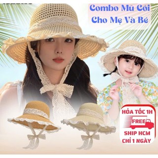 Mũ cói đan thưa rộng vành cột dây nơ đi biển đi chơi cho mẹ và bé