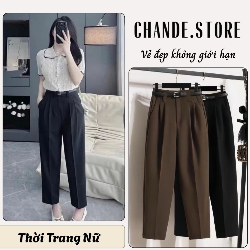 [Tặng kèm đai] Quần nữ baggy công sở cạp lưng cao chất vải Gold cao cấp BG04 CHANDE STORE