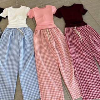 Set bộ áo thun babytee trơn mix quần kẻ caro ống rộng chất kate