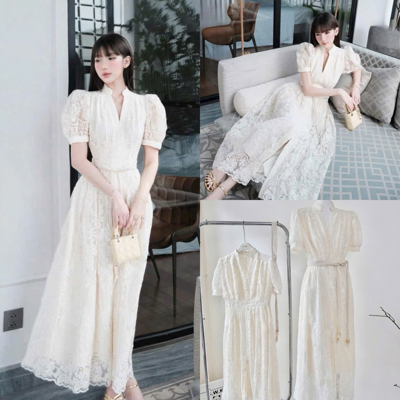 ( Sam’s Clothing ) Đầm maxi ren nữ cổ v tay ngắn kèm dây eo
