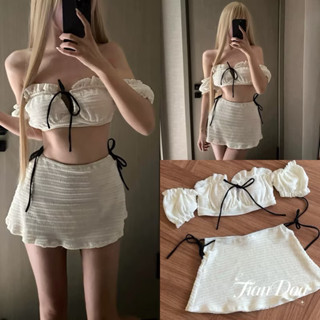 Set áo bikini trễ vai croptop phối cvay ,set 3 chi tiết kèm ảnh thật