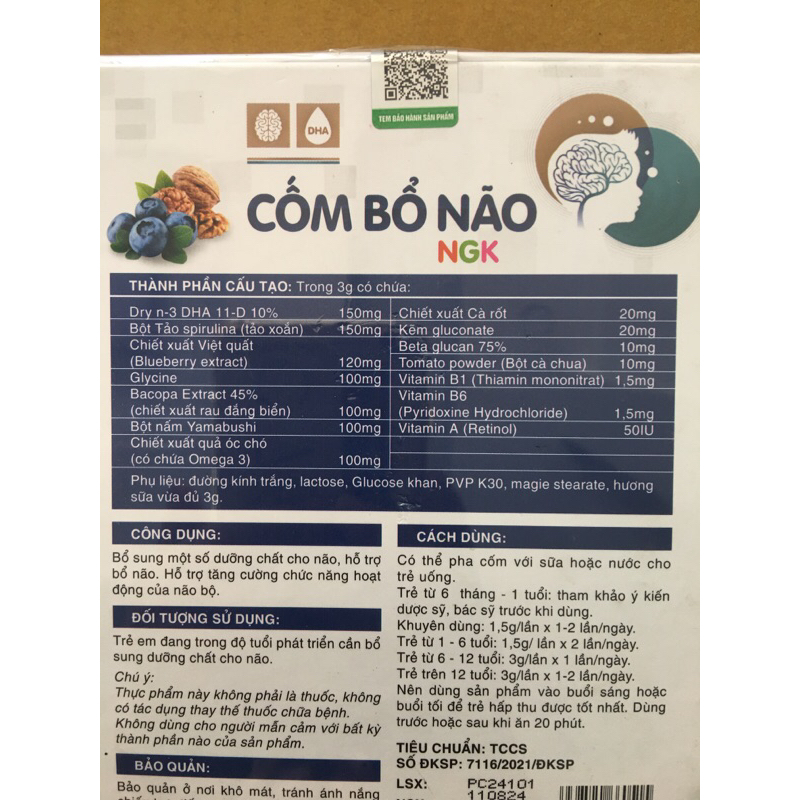 cốm bổ não ngk nagara, dha quả óc chó nhập đan mạch, tảo xoắn spirulina, kẽm, vitamin, bổ sung dưỡng