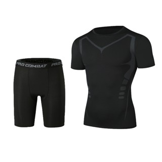  Combo quần đùi áo ngắn tay giữ nhiệt tập Gym nam PRO COMBAT Set quần áo thể thao tập thể hình nam chạy bộ đá bóng nam 