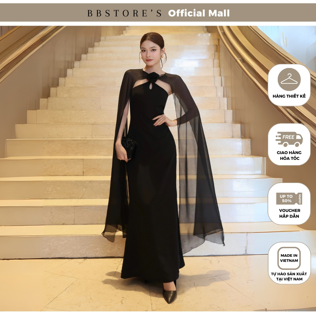 BBSTORE'S Đầm Body Tiệc Dài Cổ Yếm Kết Hoa Chất Cotton Lụa Kèm Choàng Voan - D4344T