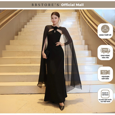 BBSTORE'S Đầm Body Tiệc Dài Cổ Yếm Kết Hoa Chất Cotton Lụa Kèm Choàng Voan - D4344T