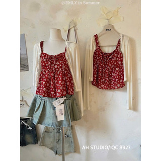  Set áo babydoll 2 dây hoa nhí đỏ + áo cardigan mỏng phong cách vintage Hàn Quốc nữ tính dễ phối đồ 