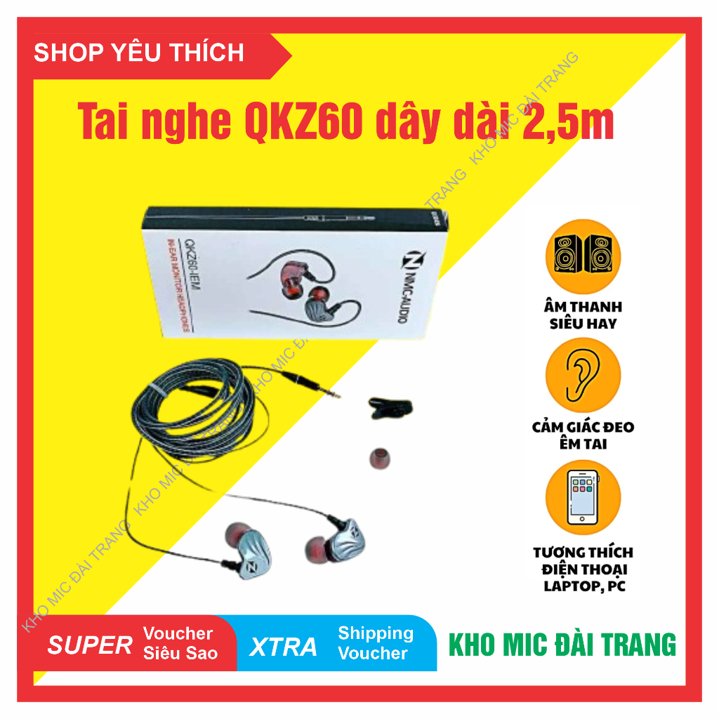 Tai nghe hát live biểu diễn QKZ60-IEM dây dài 2.5m, đeo ngược dấu dây, nhỏ gọn, bền bỉ