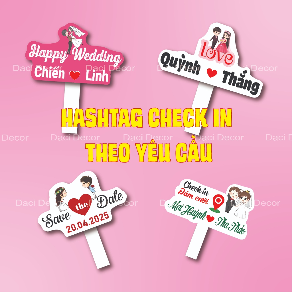 Bảng cầm tay check in đám cưới thay tên cô dâu chú dể theo yêu cầu