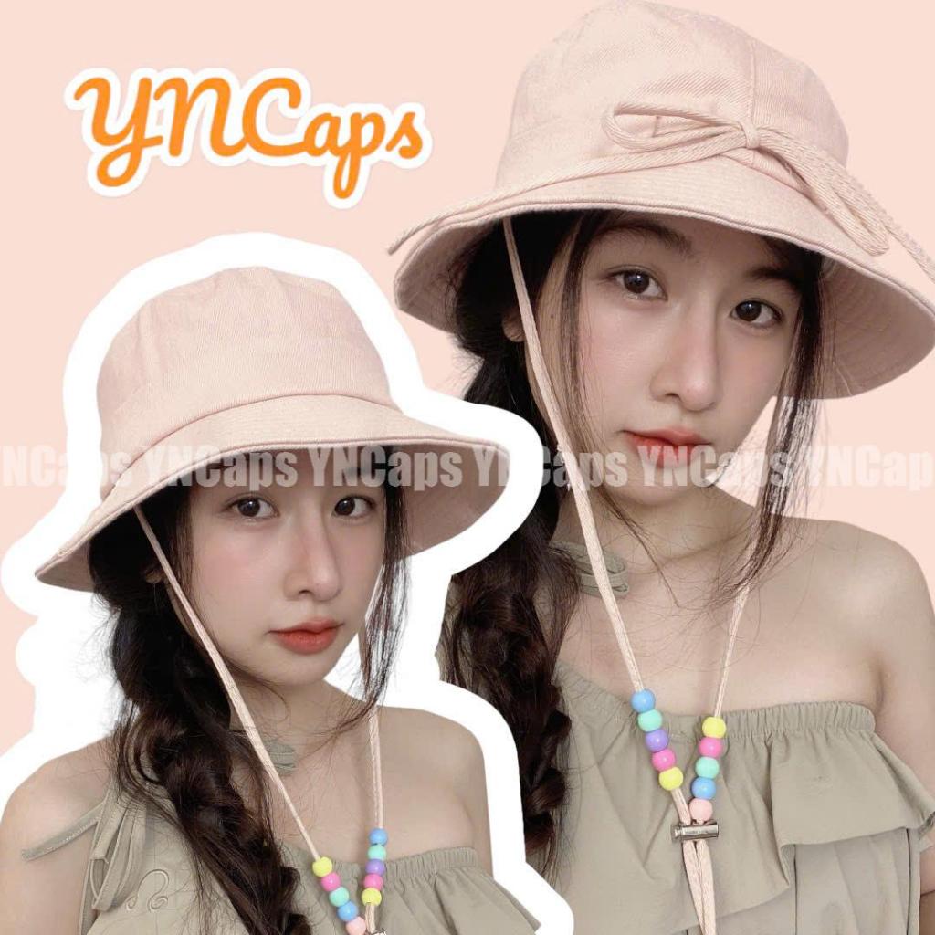 Mũ bucket phối nơ phía sau Nón tai bèo dây phối hạt unisex
