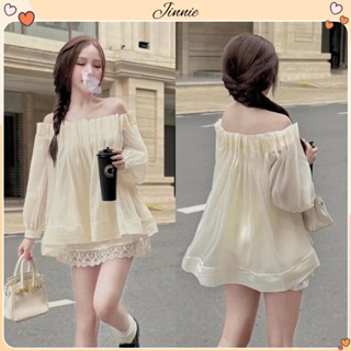 Set tiểu thư áo tơ trễ vai dập ly bèo tay dài mix chân váy ngắn phối ren Jinnie kiểu xinh hàn quốc