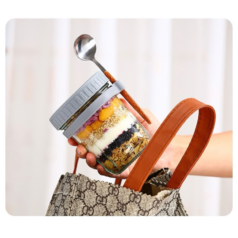 Hũ Đựng Ngũ Cốc, Bình Thủy Tinh Kèm Thìa Đựng Yến Mạch Overnight Oat